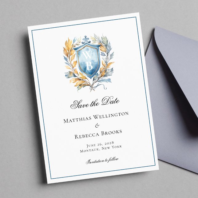 Formelles klassisches Blue Wappen Monogram Wedding Save The Date (Von Creator hochgeladen)