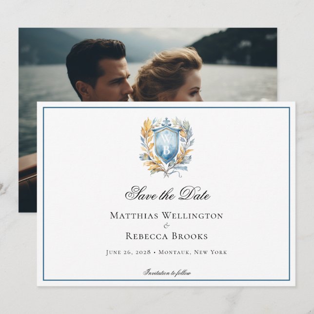 Formelles klassisches Blue Wappen Monogram Wedding Save The Date (Vorne/Hinten)