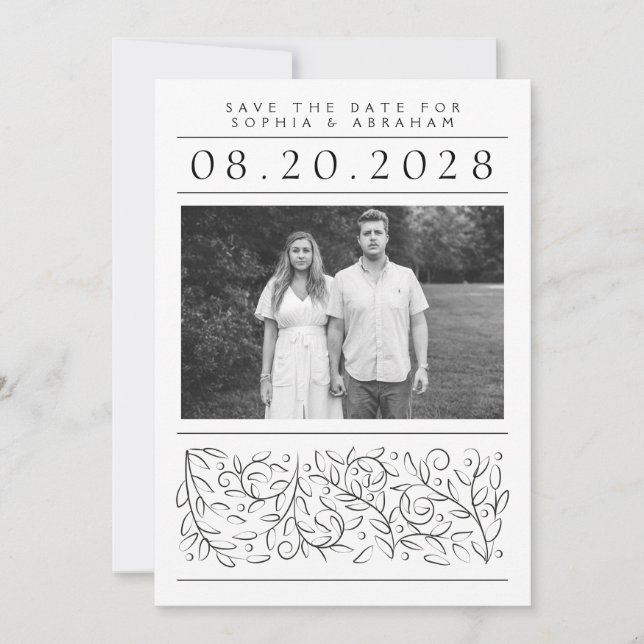 Formelles Scrollen von Blätter Schwarz-Weiß-Foto Save The Date (Vorderseite)
