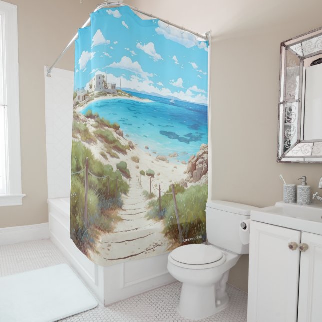 Formentera Spanien Kunst, Vintage Illustration Duschvorhang (Beispiel)
