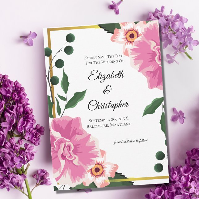 Formliche Aufnahme Rosa und grüne Blüte Save the D Save The Date (Von Creator hochgeladen)