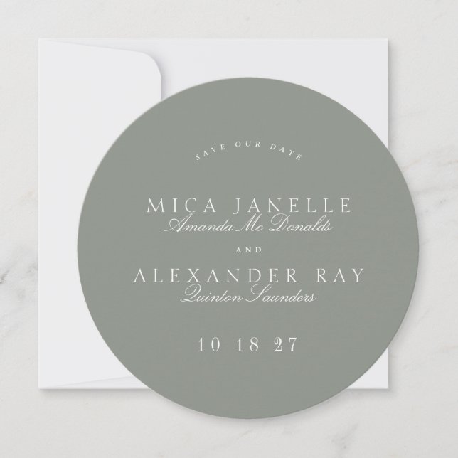 Förmliches Classic Sage Green Calligraphy Round Fo Save The Date (Vorderseite)