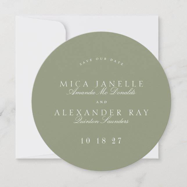 Förmliches Classic Sage Green Calligraphy Round Fo Save The Date (Vorderseite)