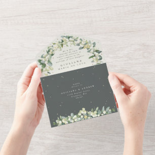 Förmliches Grün/Creme Snowberry+Eukalyptus Wedding All In One Einladung