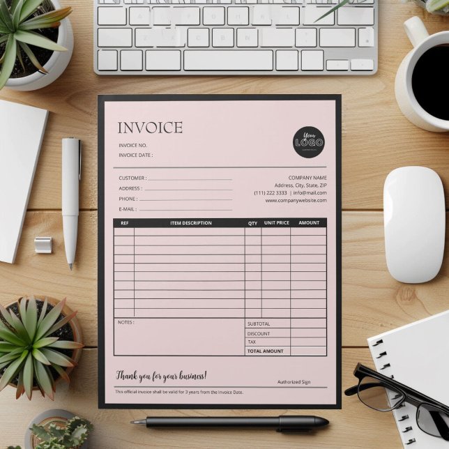 Formulare zur Rechnungsstellung für moderne, schwa Notizblock (Black Pink Modern Business Quotation Invoice Forms Notepad desk top mock up)