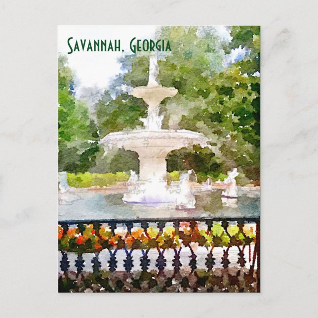 Forsyth Fountain in Savannah GA Wasserfarbe Printw Postkarte (Vorderseite)