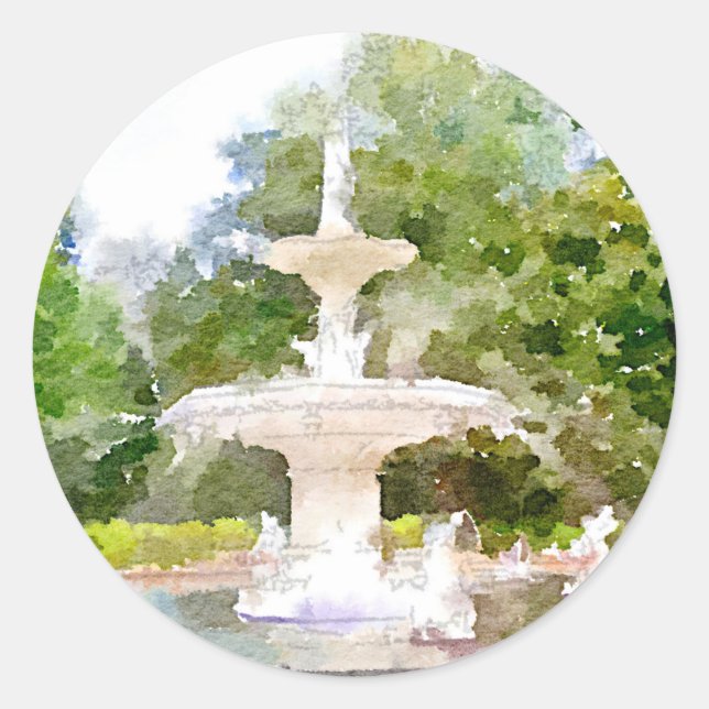 Forsyth Fountain in Savannah GA Wasserfarbe Printw Runder Aufkleber (Vorderseite)