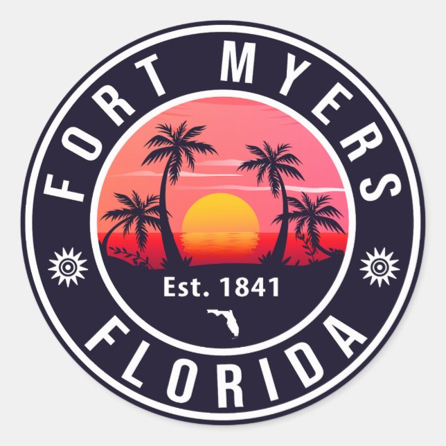 Fort Myers Beach Florida Retro Sunset Souvenirs Runder Aufkleber (Vorderseite)