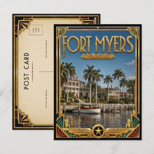 Fort Myers Florida Vintage Art Deco Goldenes Zeita Postkarte