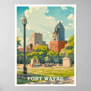 Fort Wayne Indiana Art Vintage Reise Illustration Poster