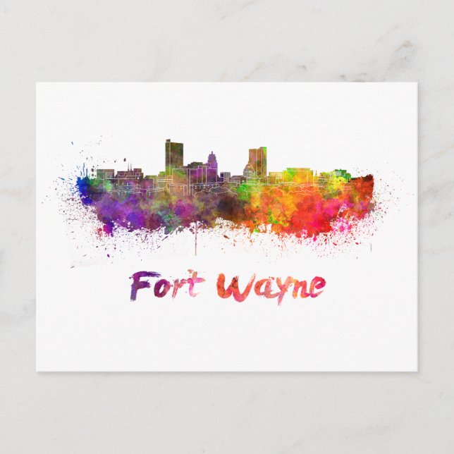 Fort Wayne skyline im Watercolor Postkarte (Vorderseite)