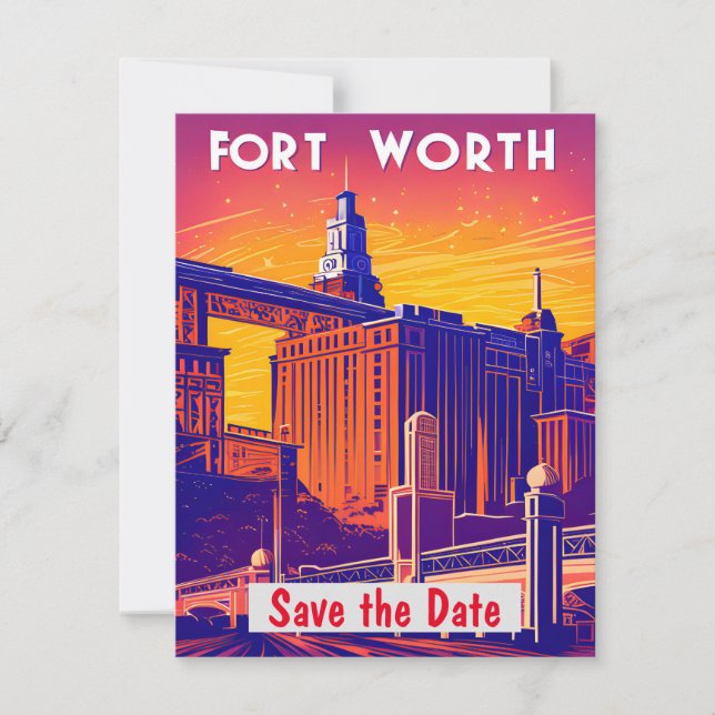 Fort Worth Save the Date, farbenfrohe Postkarte (Vorderseite)