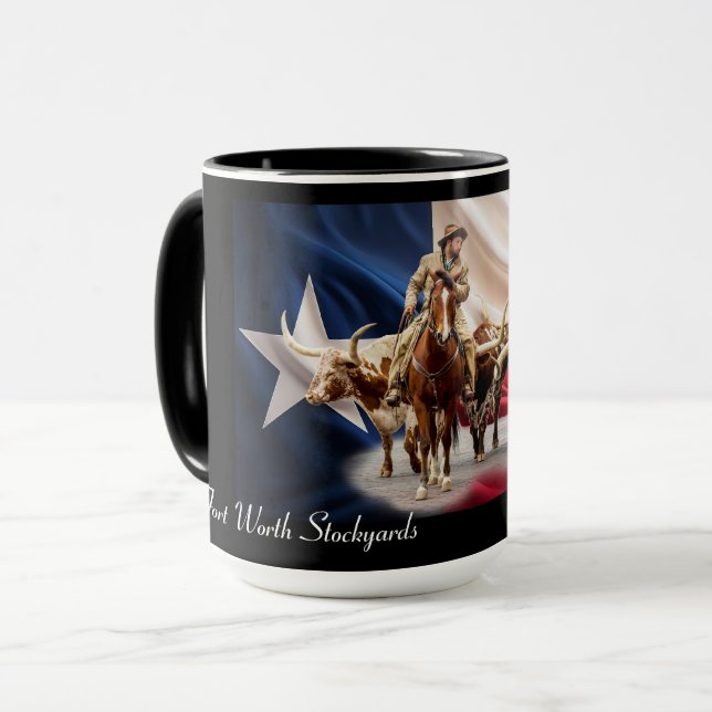 Fort Worth Stock Yards Texas Flag auf schwarz, Tas Tasse (Vorderseite Links)