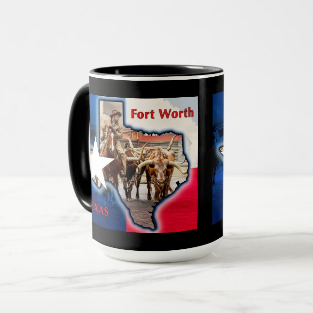 Fort Worth Stock Yards Texas Grafik auf schwarz, T Tasse (Vorderseite Links)