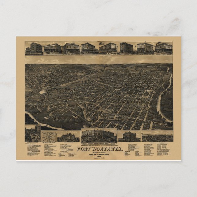 Fort Worth, Texas Birds Eye View 1886 Postkarte (Vorderseite)