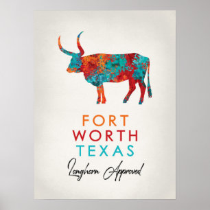 Fort Worth Texas Farbiger Longhorn Poster