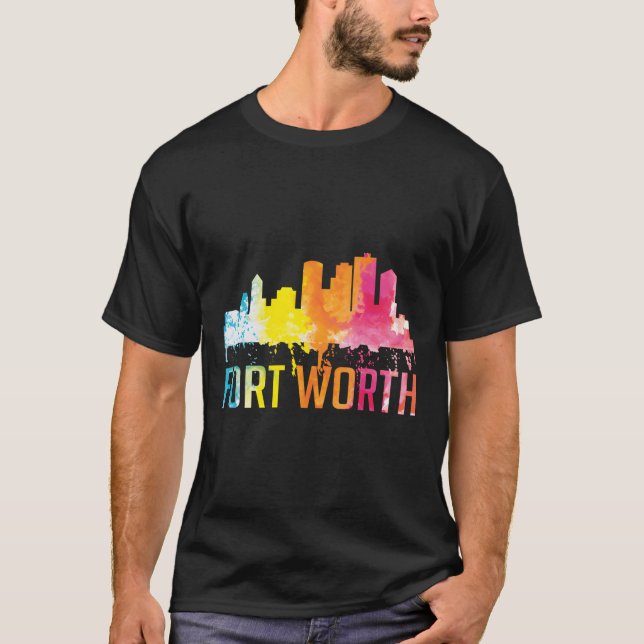 Fort Worth Texas Retro Wasserfarbe Skyline Kunst,  T-Shirt (Vorderseite)