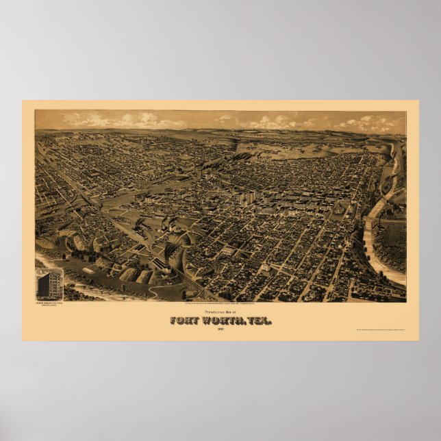 Fort Worth, TX Panorama Karte - 1891 Poster (Vorne)