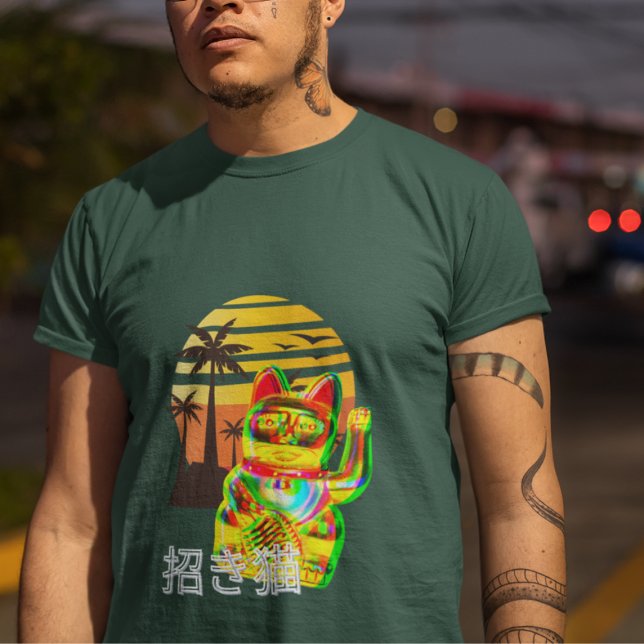 Fortune Lucky Cat Maneki-Neko Modern Sunset T-Shirt (Von Creator hochgeladen)