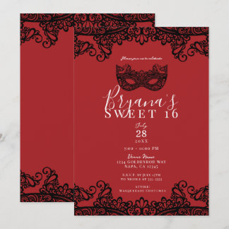 Fortune Red Black Lace Masquerade Sweet 16 Party Einladung