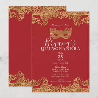 Fortune Red Gold Lace Masquerade 15 Quinceañera Einladung