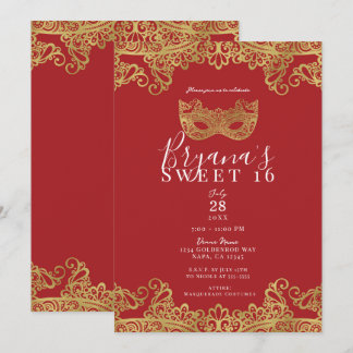 Fortune Red & Gold Lace Masquerade Sweet 16 Party Einladung
