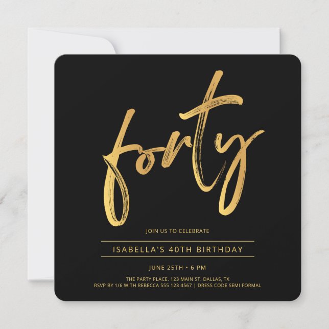Forty Modern Minimal Black Gold 40th Birthday Einladung (Vorderseite)