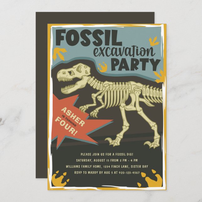 Fossile Grabungsfeier Dinosaur Geburtstagsparty Einladung (Vorne/Hinten)