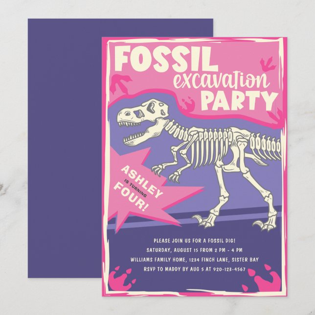 Fossile Grabungsfeier Dinosaur Geburtstagsparty Einladung (Vorne/Hinten)