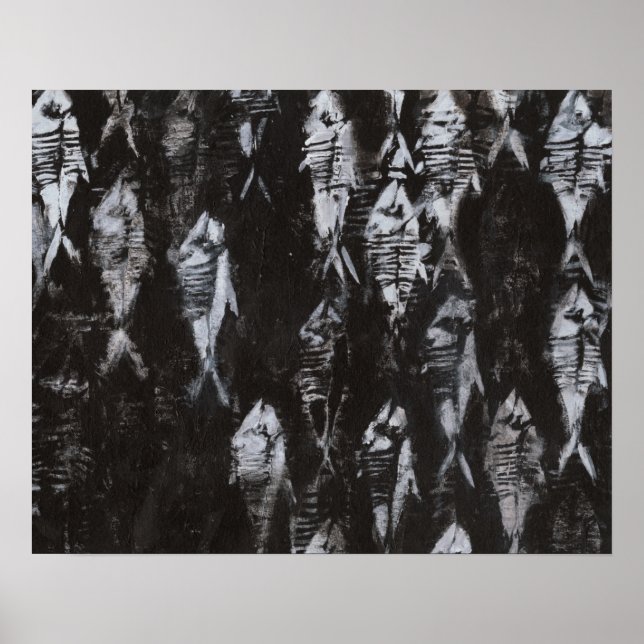 Fossile weiße Fische im schwarzen Hintergrund Poster (Vorne)