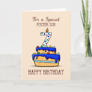 Foster Son 7th Birthday, 7 on Sweet Blue Cake Karte