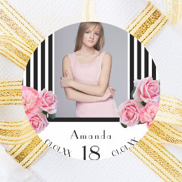 Foto 18. Geburtstag Schwarz-weiße Streifen Florals Runder Aufkleber