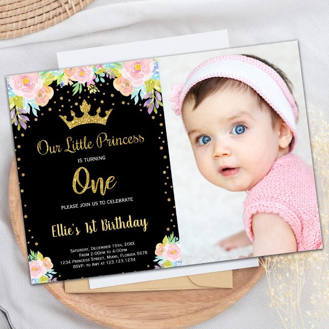 Foto 1. Schwarze BlumenPrinzessin Geburtstag Einladung (Photo 1st Black Floral Princess Birthday Invitation)