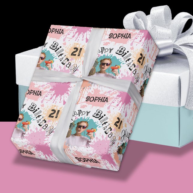 Foto 21. Geburtstag Pink Peach Paint Spritzer Geschenkpapier (Von Creator hochgeladen)