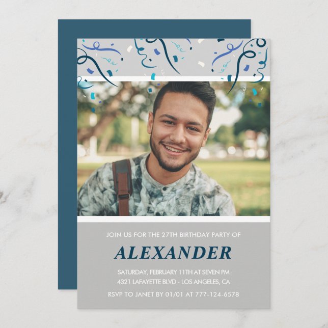 Foto 27. Geburtstag Einladung ihn Blue Confetti (Vorne/Hinten)