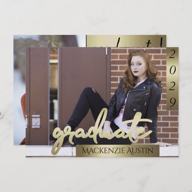 FOTO 2 | Gold Script Elegant Grad Einladung (Vorne/Hinten)