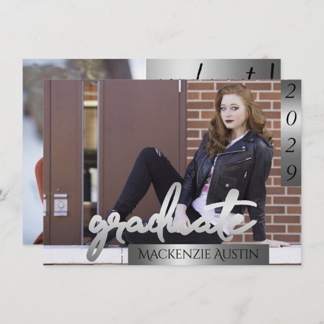 FOTO 2 | Silver Script Brush Abschluss Einladung (Vorne/Hinten)