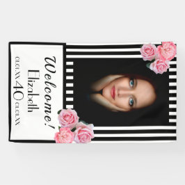 Foto 40. Geburtstag Schwarz-weiße Streifen Florals Banner
