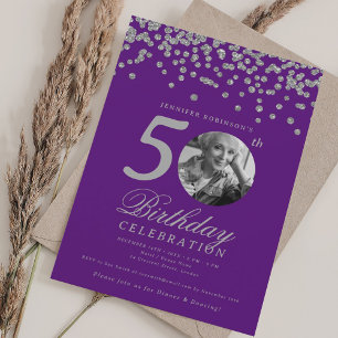 Foto 50. Geburtstag Silbernes Konfetti Lila  Einladung
