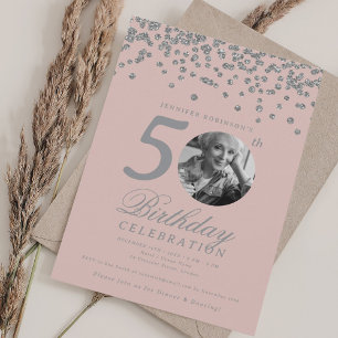 Foto 50. Geburtstag Silver Confetti Blush Pink Einladung