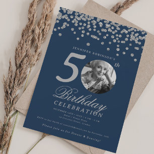 Foto 50. Geburtstag Silver Confetti Navy Blau Einladung