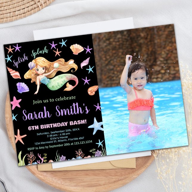 Foto 6. Lila unter der Meerjungfrau Geburtstag Einladung (Photo 6th Purple Under the sea Mermaid Birthday Invitation)