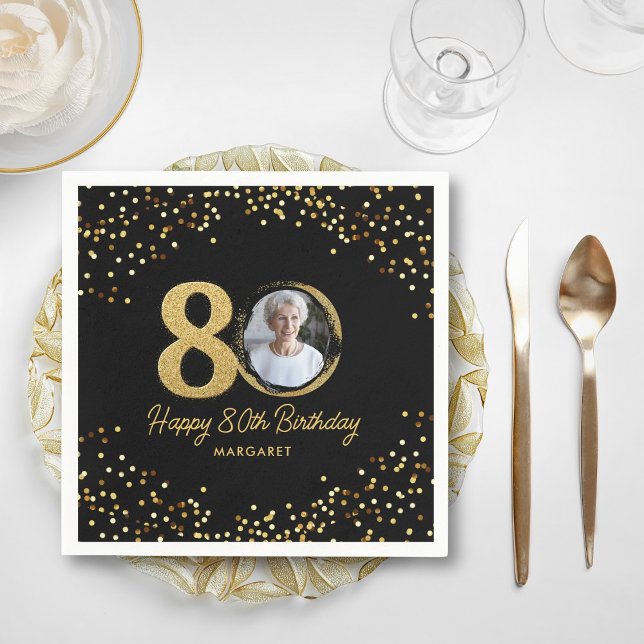 Foto 80. Geburtstag Eleganter Schwarzer Glitzer Serviette (Von Creator hochgeladen)