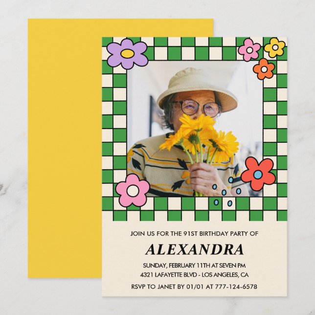 Foto 91. Geburtstagseinladung Retro Groovy Floral Einladung (Vorne/Hinten)