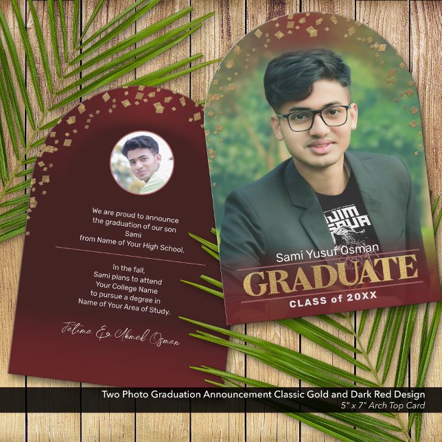 Foto Abschluss Ankündigung Classic Gold Red (Two Photo Graduation Announcement: Classic Design in Gold and Dark Red)