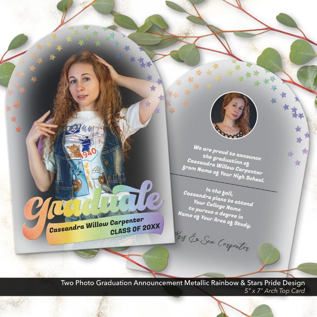 Foto Abschluss Ankündigung Retro Pride Rainbow (Two Photo Graduation Announcement with a Retro Pride Design & Embossed Metallic Look Rainbow Details)