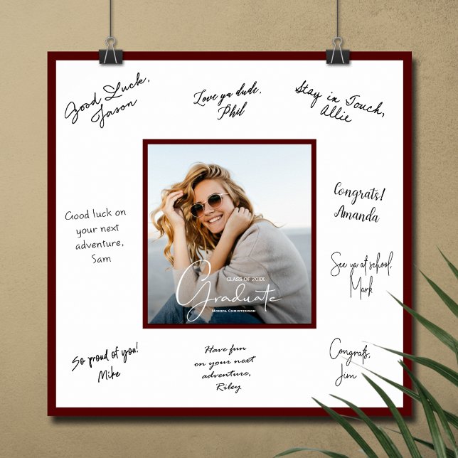 Foto Abschluss Autograph Dark Maroon Poster (Graduation autograph poster with your photo and dark maroon border, INSTANT DOWNLOAD and/or PRINTED)