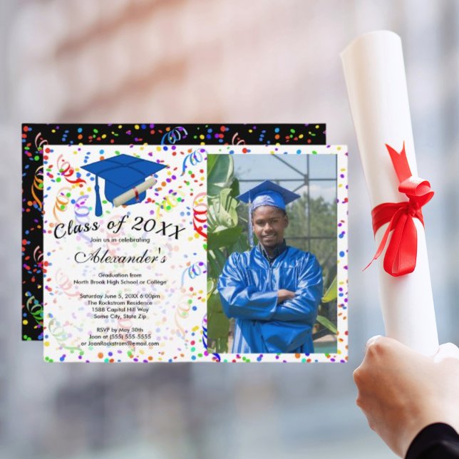 Foto Abschluss Blue Cap Confetti Class Party Einladung (Photo Graduation Blue Cap Confetti Class Party Invitation)