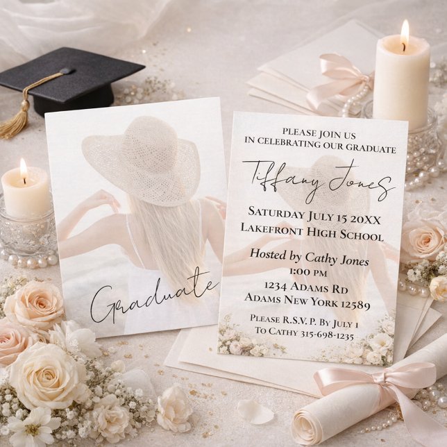 Foto-Abschluss-Einladung mit Script-Typografie Karte (Von Creator hochgeladen)