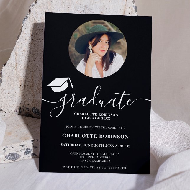 Foto Abschluss für Schwarze Graduierung Einladung (White black graduate script photo graduation invitation)
